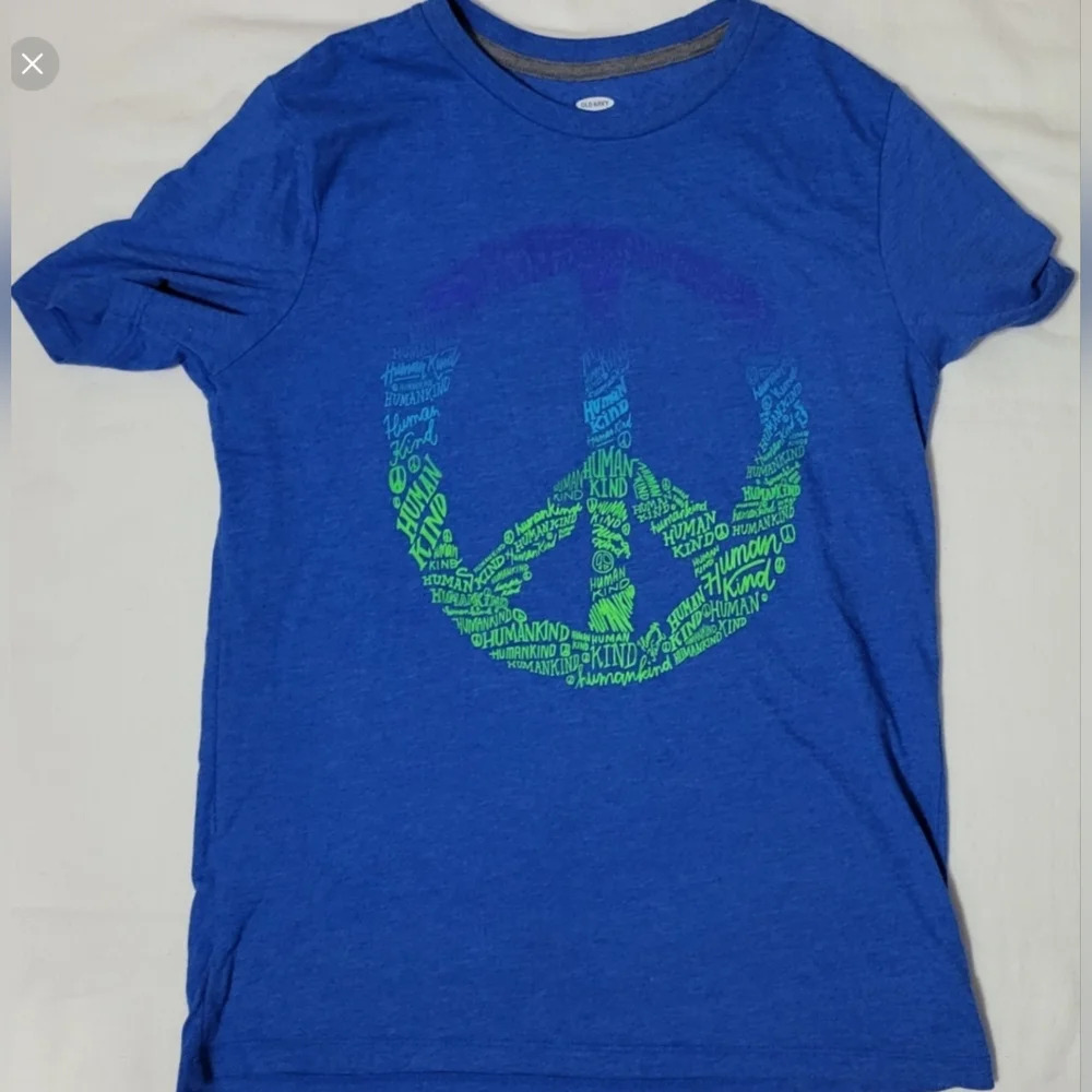 Old Navy Unisex Blue Green Kindness Peace Sign Short Sleeve Tee Size XL 14-16